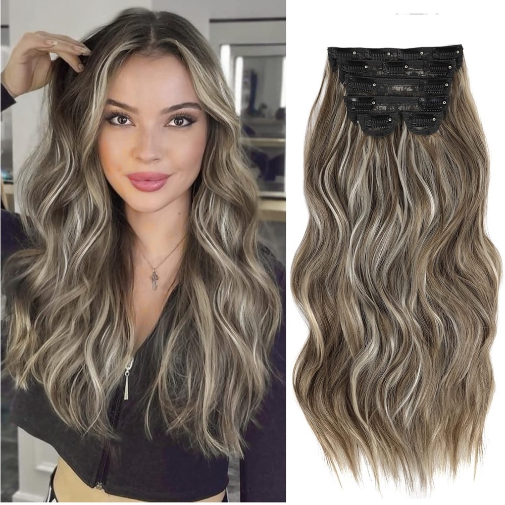 Hair Clip In Extensions Wavy Medium Brown Ash Blonde Highlights Double Weft 20"